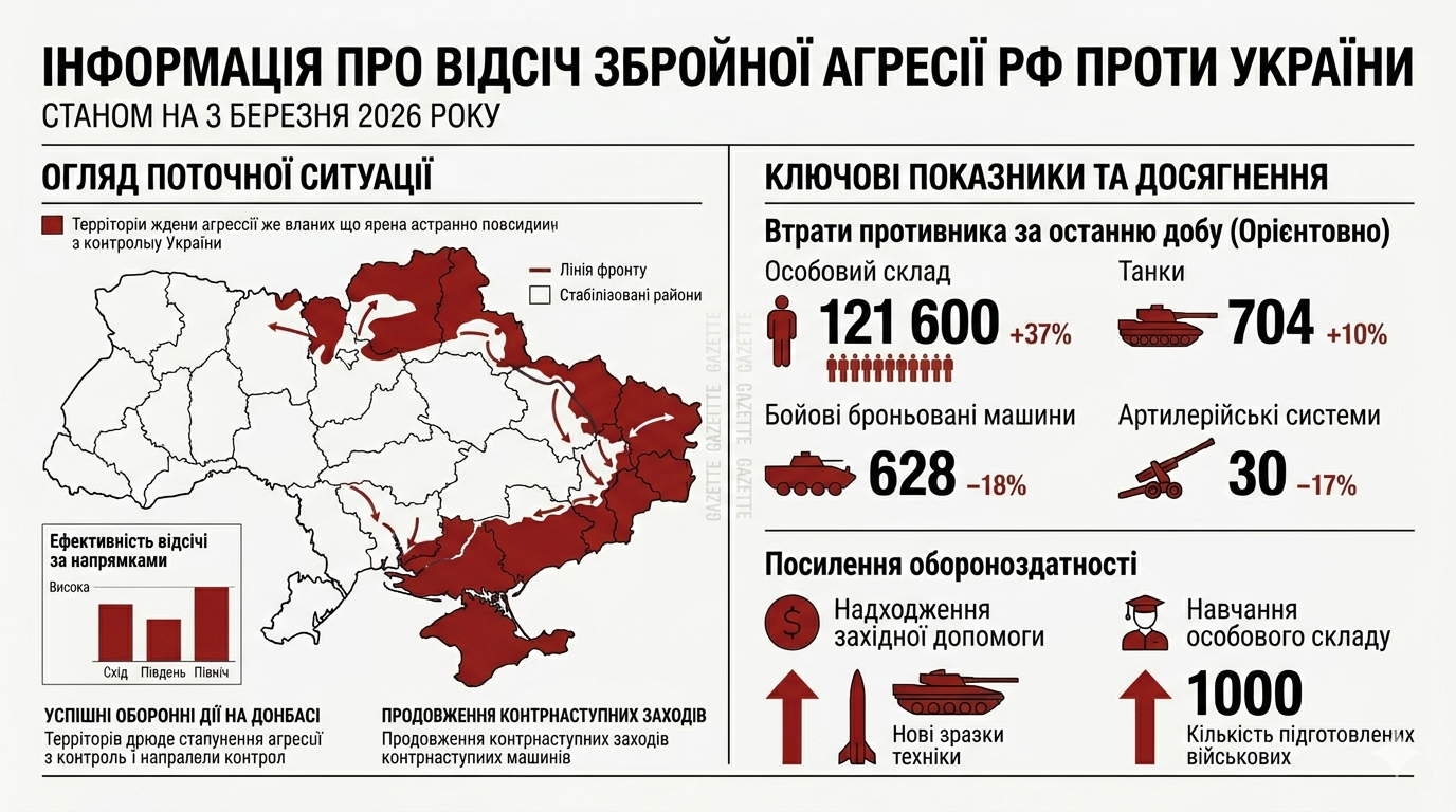 Інформація про відсіч збройної агресії рф проти України станом на 3 березня 2026 року