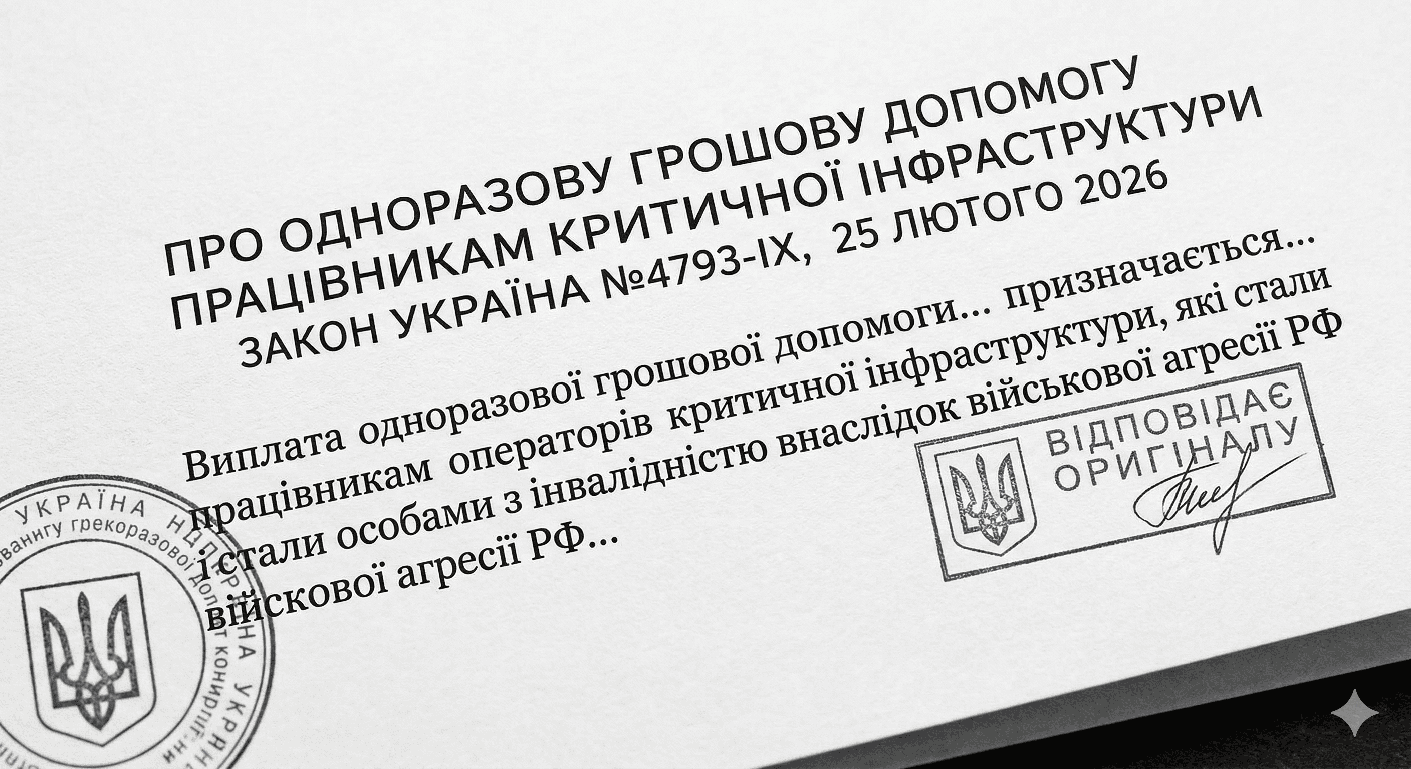 Зміни до закону про грошову допомогу за шкоду життю та здоров’ю, завдану працівникам об’єктів критичної інфраструктури, державним службовцям, посадовим особам органів місцевого самоврядування внаслідок агресії рф