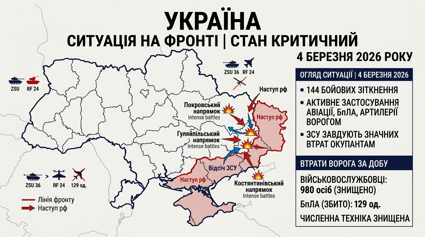 Інформація про відсіч збройної агресії рф проти України станом на 4 березня 2026 року