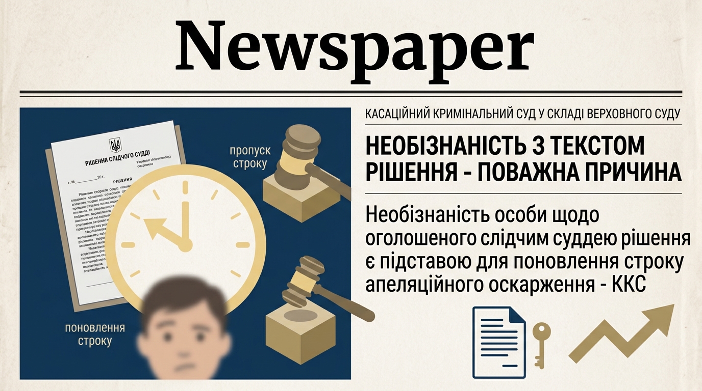 Необізнаність особи щодо оголошеного слідчим суддею рішення є підставою для поновлення строку апеляційного оскарження - ККС