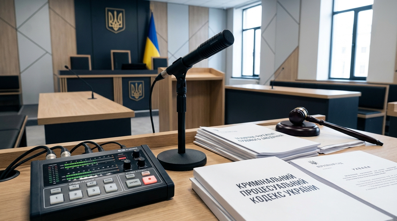 Суддя, ухвала про обшук, мікрофон, що символізує обов'язкову технічну фіксацію судового засідання.