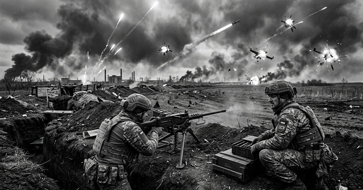 Бійці ЗСУ відбивають атаки ворога на лінії фронту, в небі видно сліди роботи ППО по дронах-камікадзе.
