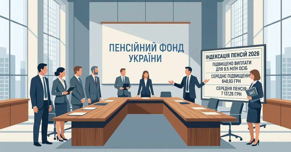Рука тримає українські гривні та пенсійне посвідчення на фоні документів ПФУ, символізуючи індексацію та підвищення пенсій у 2026 році.