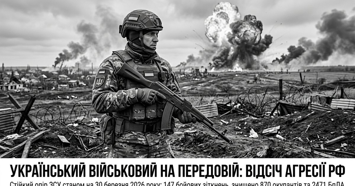 Український військовий на передовій на тлі вибухів, символізуючи стійкий опір агресії РФ станом на 30 березня 2026 року.