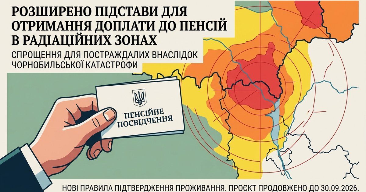 Рука тримає пенсійне посвідчення на фоні мапи з радіаційними зонами Чорнобильської катастрофи.