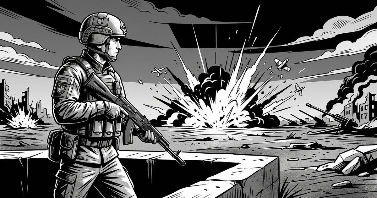 Український захисник на передовій. На тлі вибухів ворожих снарядів. Символ стійкості та відсічі агресії.