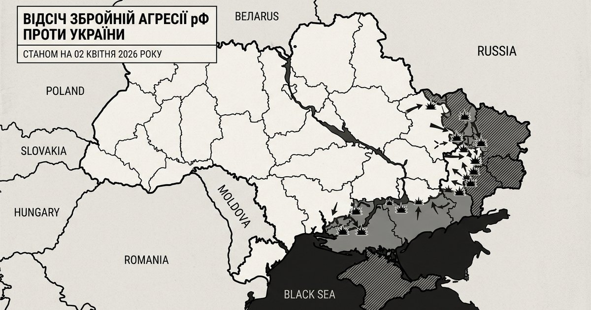 Карта бойових дій в Україні, що показує активні напрямки та місця інтенсивних зіткнень ЗСУ з окупантами 2 квітня 2026, без надписів