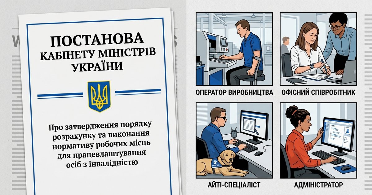 Документ з гербом України та зображення людей з інвалідністю, які працюють, символізуючи нові правила зайнятості.