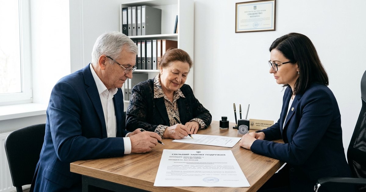 Подружжя підписує спільний заповіт у нотаріуса, символізуючи передачу майна спадкоємцям та захист прав.