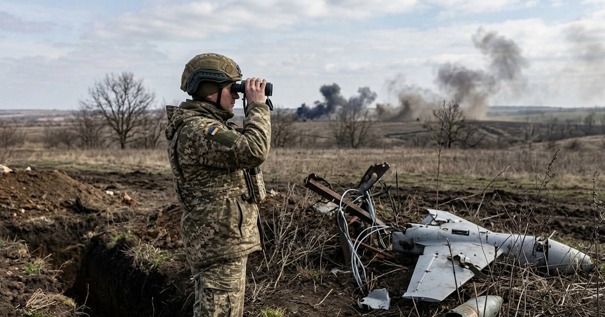 Український військовий спостерігає за бойовими діями на лінії зіткнення, на тлі вибухів або уламків збитих дронів.