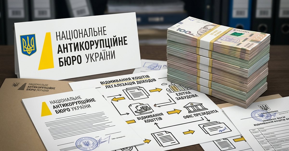 Логотип НАБУ, стос грошей та схематичне зображення документів, що символізують розслідування відмивання коштів.