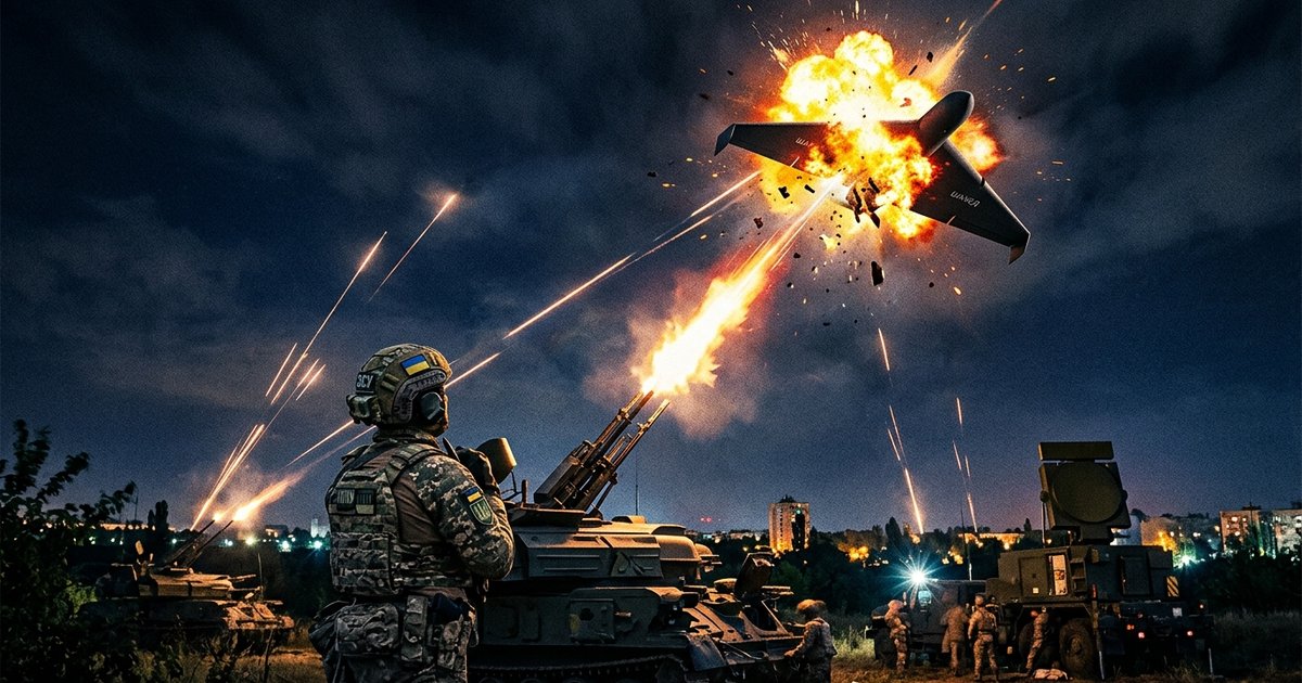 Перехоплення ворожого ударного БпЛА в нічному небі України. Фокус на роботу ППО та протидію агресору.