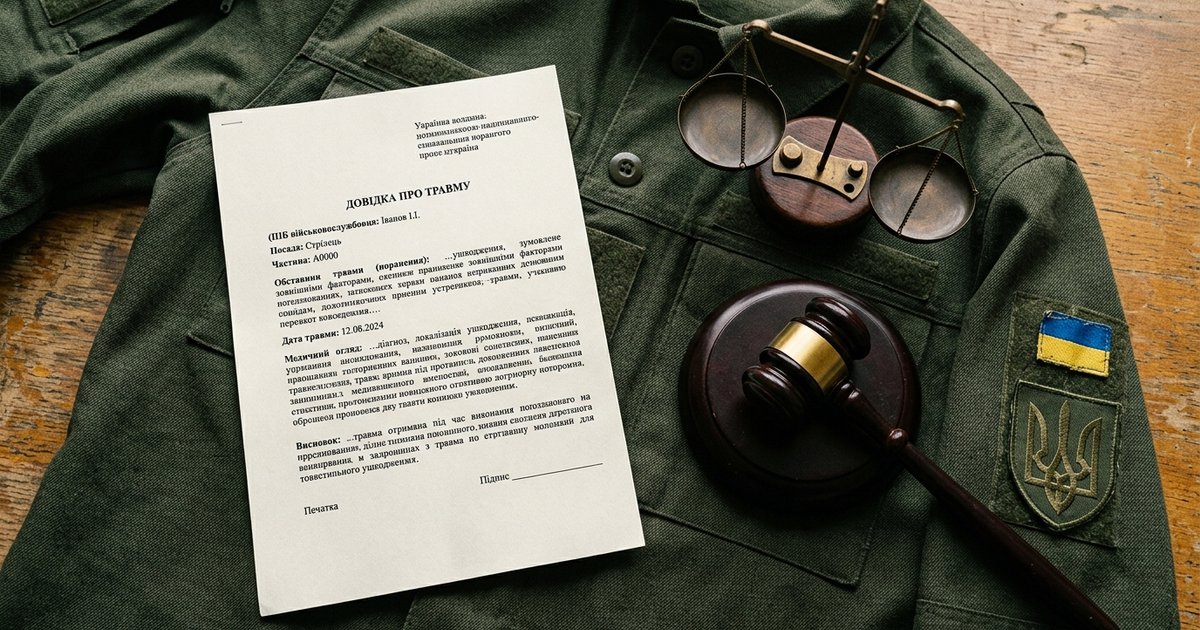 Документ "Довідка про травму" на тлі військової форми та символів правосуддя: терези, суддівський молоток.