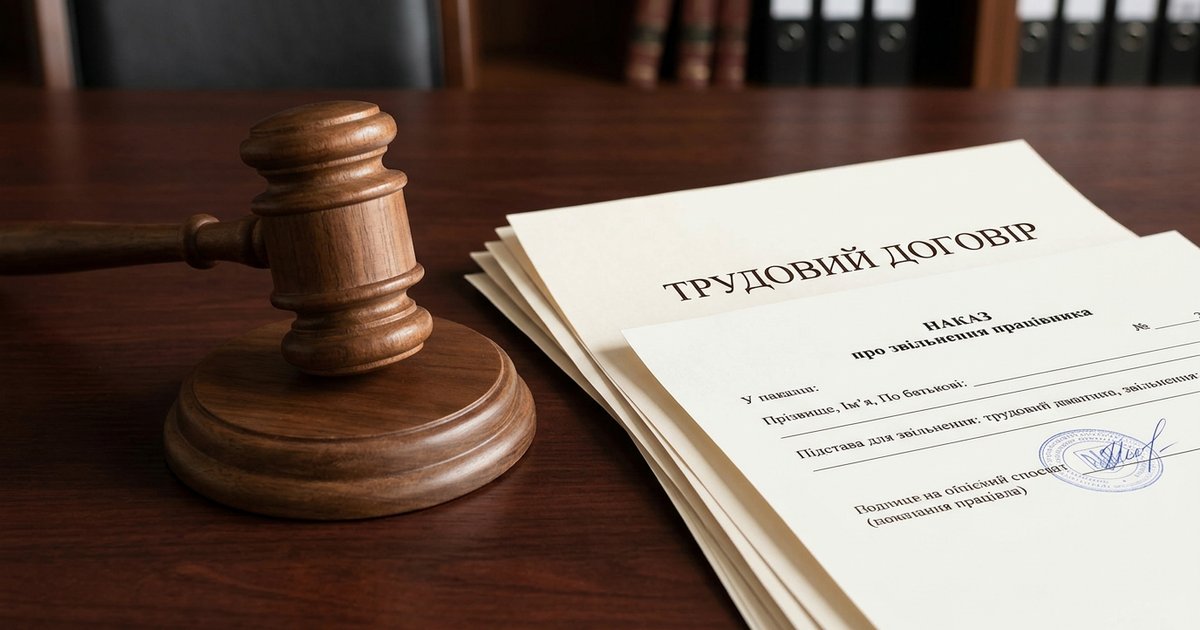 Суддівський молоток на столі поруч із трудовим договором та наказом про звільнення працівника.