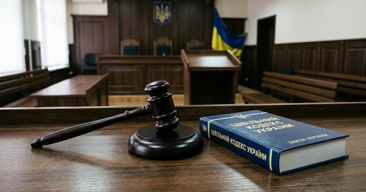 Суддівський молоток на столі зали судових засідань, поруч на столі Цивільний кодекс України