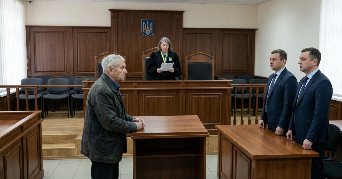 Пенсіонер у залі судового засідання стоїть за столом слухає рішення яке зачитує суддя. Напроти за столом стоять два представники відповідача