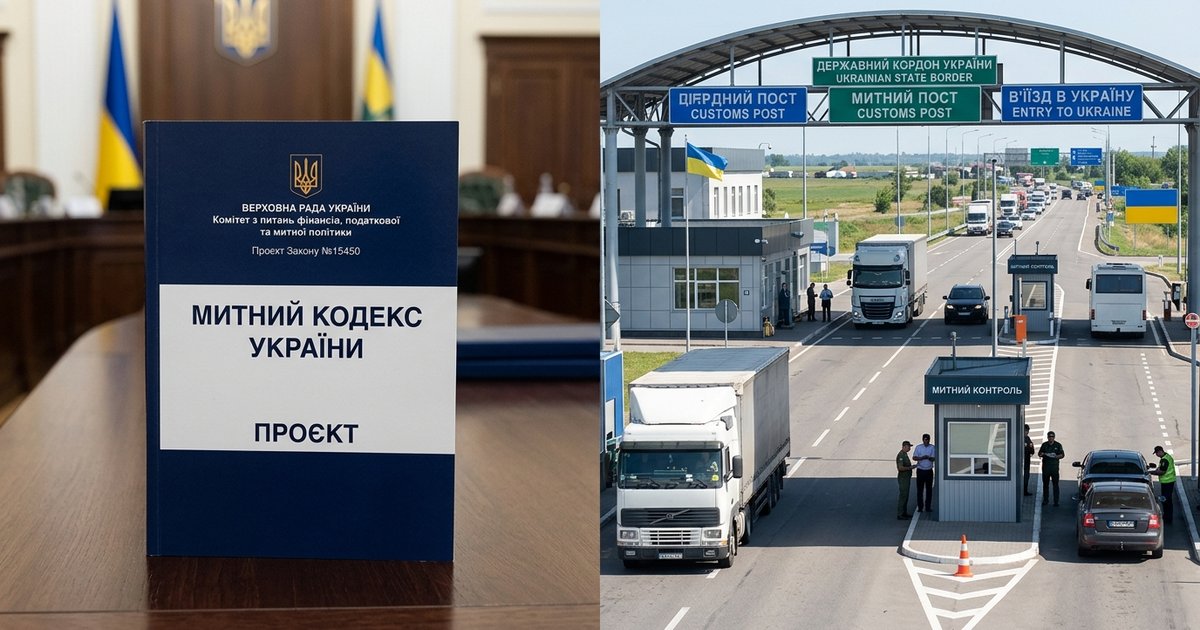 Зліва Митний кодекс України проєкт, справа - митний пост на державному кордоні України