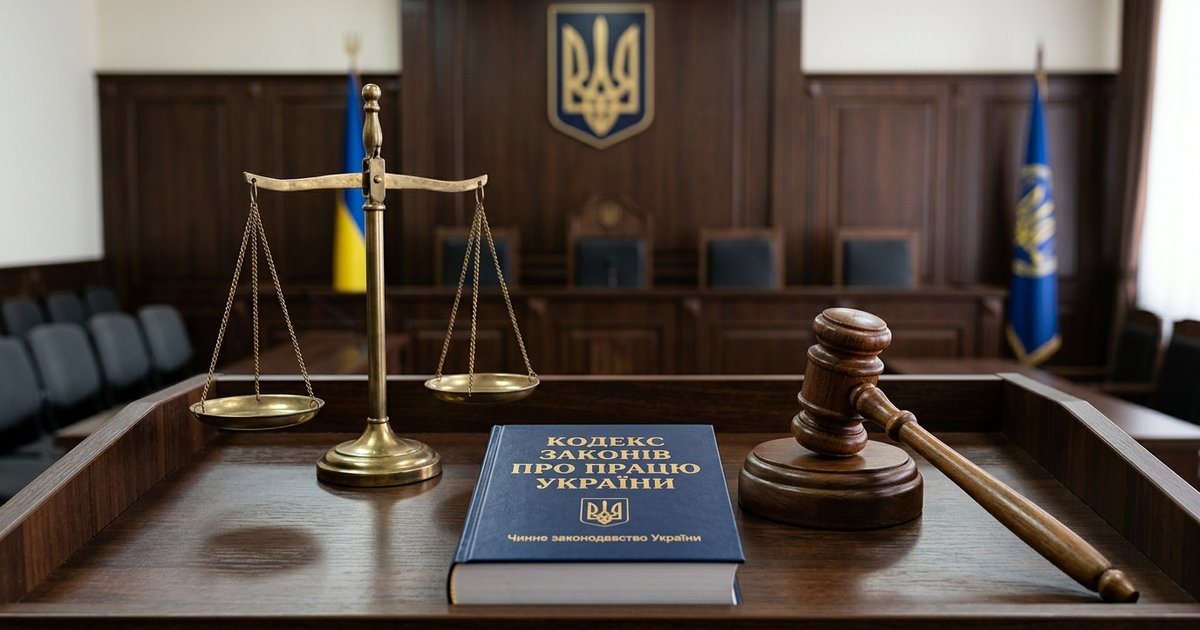 Суддівський молоток, ваги правосуддя і Кодекс законів про працю на столі у залі судових засідань