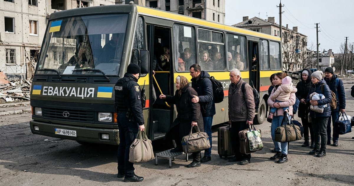 Евакуація цивільного населення: люди з речами сідають у рятувальний автобус.