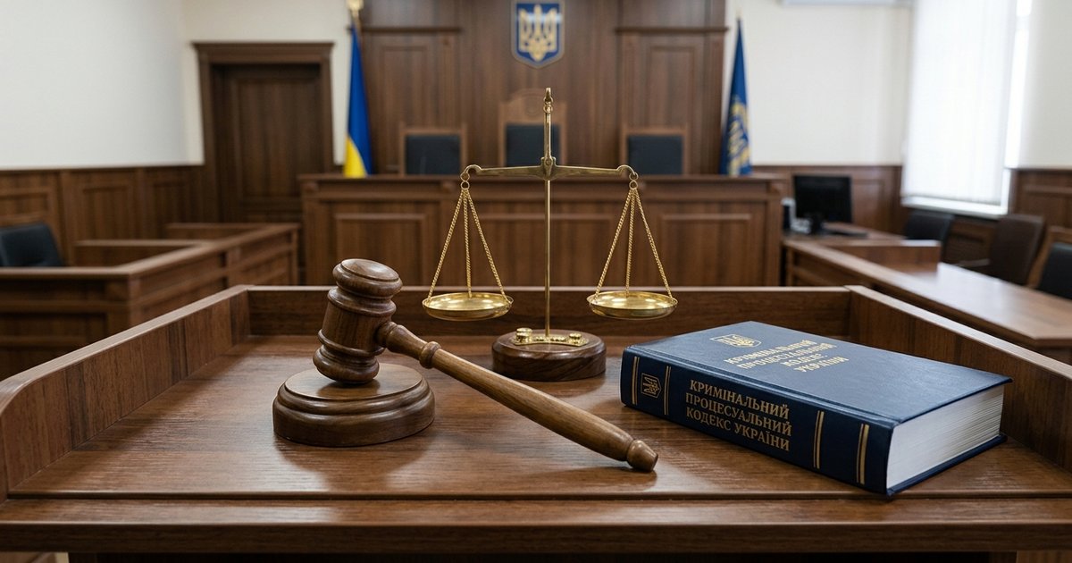 Суддівський молоток та терези правосуддя на столі у залі судових засідань, поруч Кримінального процесуального кодексу України.