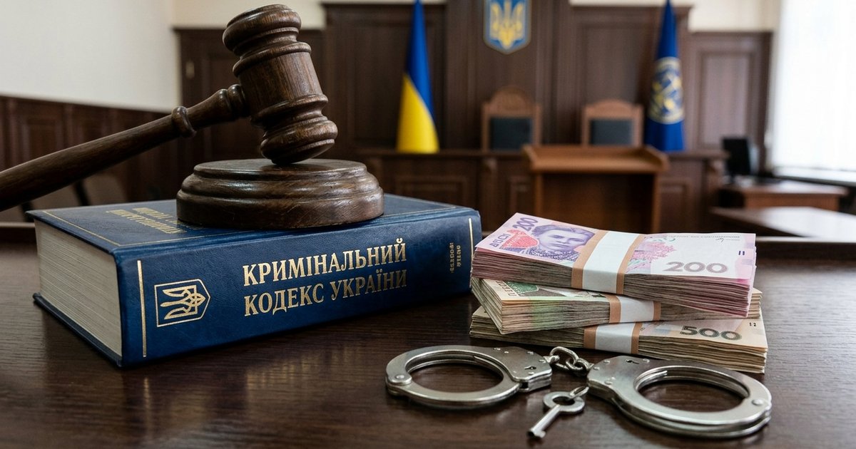 Молоток правосуддя і Кримінальний кодекс України, купюри, кайданки на столі у залі судових засідань.