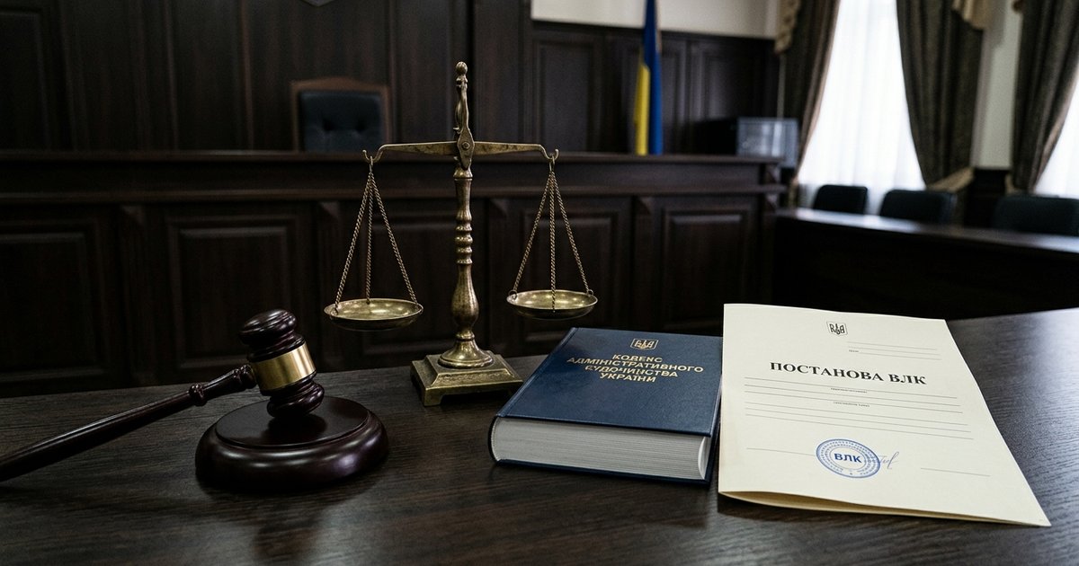 Суддівський молоток, ваги правосуддя на столі у залі судових засідань, поруч - Кодекс адміністративного судочинства України, постанова ВЛК без тексту