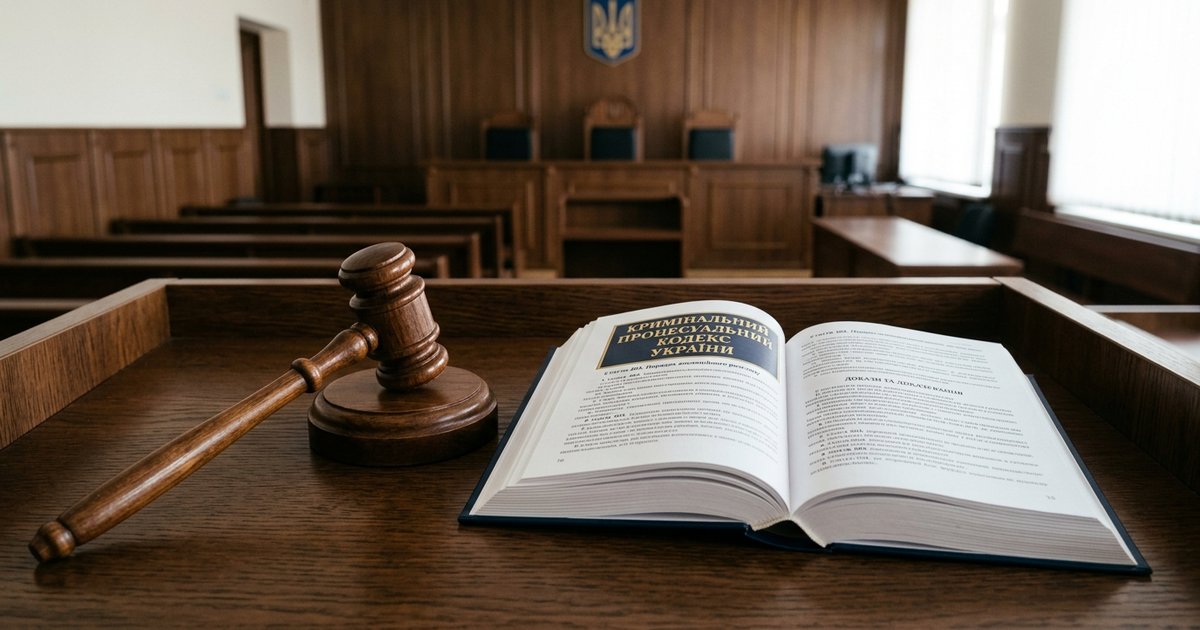 Дерев'яний суддівський молоток на столі поруч із відкритим Кримінальним процесуальним кодексом України у залі судових засідань
