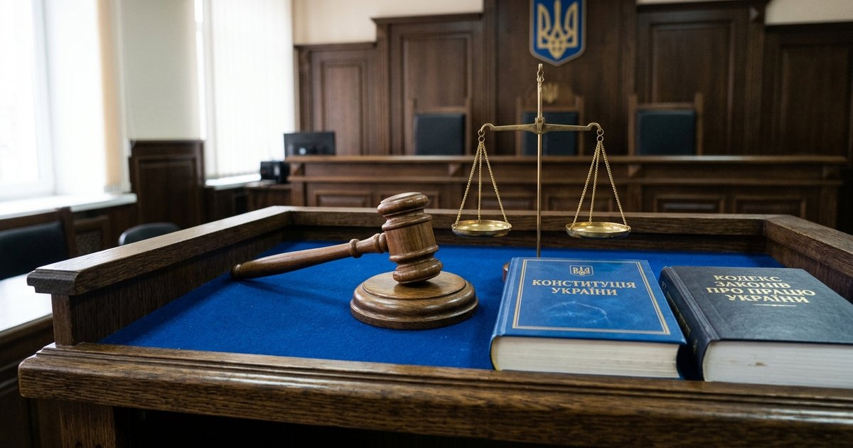 Суддівський молоток, ваги правосуддя на столі поруч із Конституцією України,  Кодексом законів про працю України у залі судових засідань.