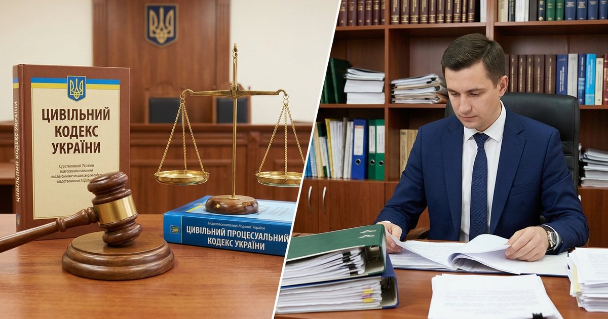 Судовий молоток, ваги правосуддя, Цивільний процесуальний кодекс України, Цивільний кодекс України, кредитний договір без надписів на столі у залі судових засідань