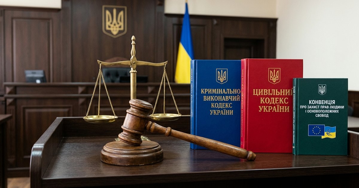 Молоток судді, ваги правосуддя, Кримінально-виконавчий кодекс України, Цивільний кодекс України, Конвенція про захист прав людини і основоположних свобод на столі у залі судових засідань